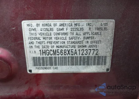 2005 Honda Accord 2.4 Ex из США, поврежденный, VIN 1HGCM568X5A123772